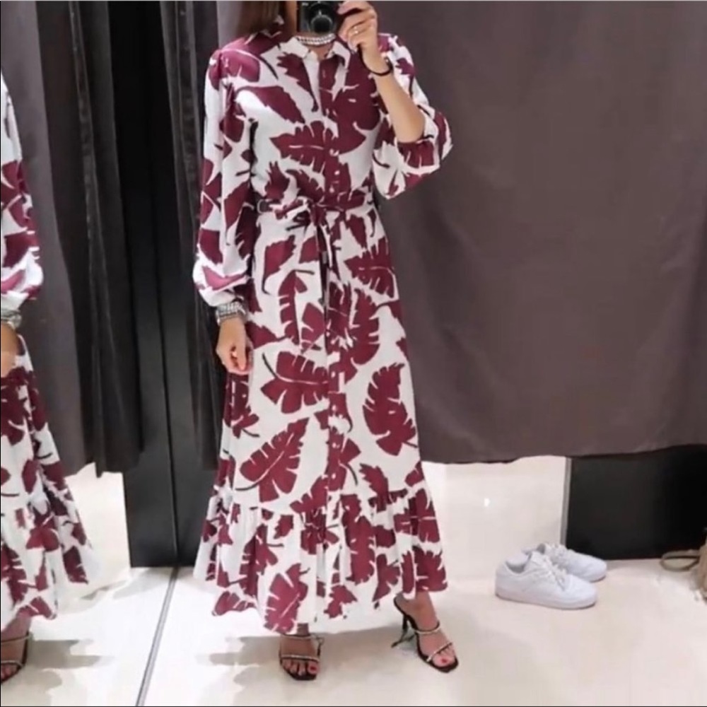 Zara long printed shirt dress with ruffle hem